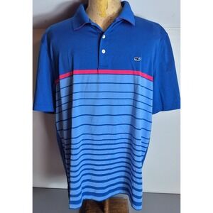 Vineyard Vines Mens Performance Polo Shirt XXL 2XL Blue Striped Whale Logo
